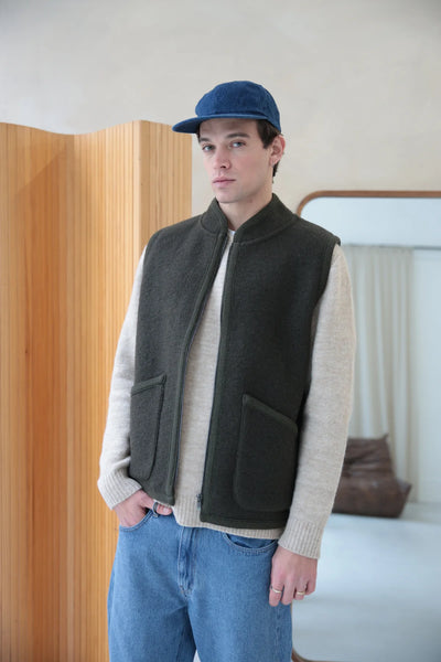 veste rivo sans manche zip laine bouilie kaki made in france